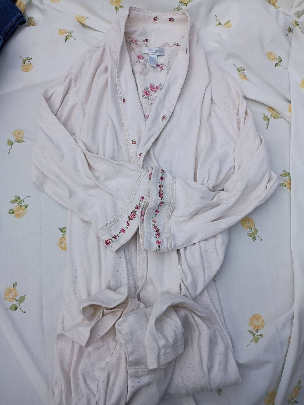 White Robe with Pink Floral Embroidered Trim